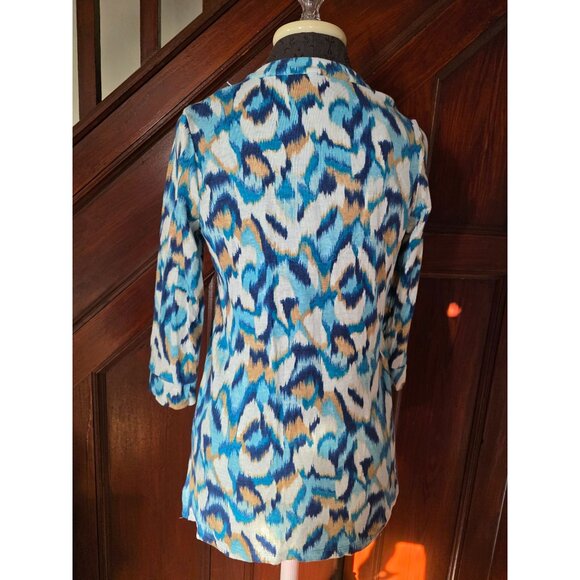Chicos 3/4 Sleeve V-Neck Tunic Top OO/XS Blue Multicolor Ikat Pattern Beaded Tri - Picture 3 of 7